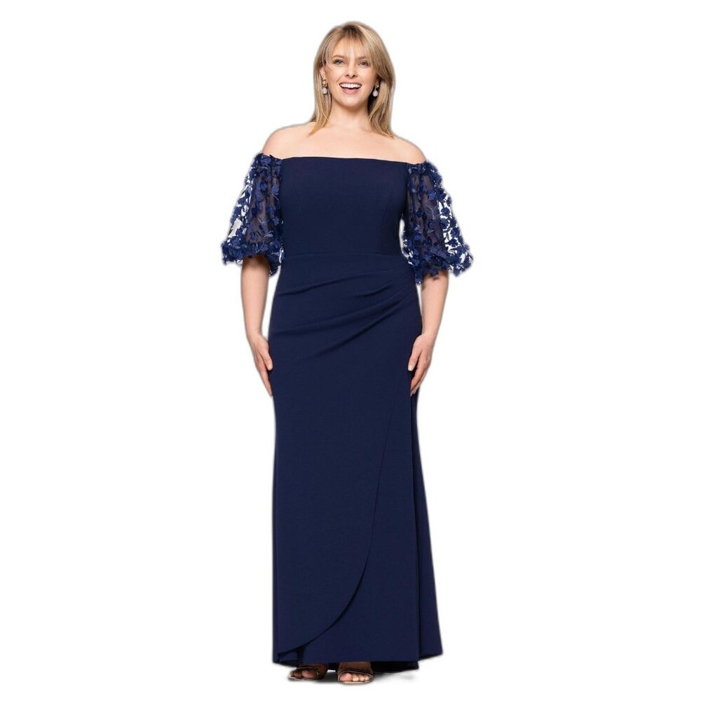 NWT Xscape Plus Size Long Illusion Sleeve Off The Shoulder Dress Navy Blue 20W